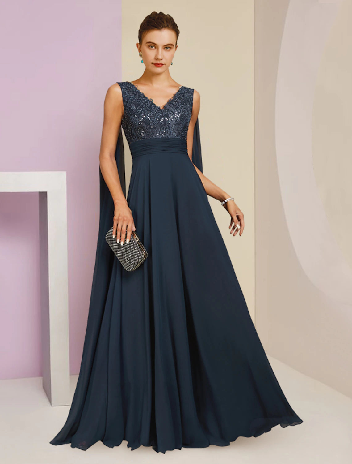 Wholesale  Sheath / Column Mother of the Bride Dress Formal Party Elegant V Neck Floor Length Chiffon Lace Sleeveless with Pleats Sequin